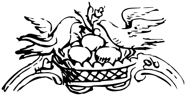 The black and white image shows a basket with two eggs inside it on top of what appears to be an oven door.