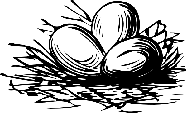 The black and white illustration shows three eggs with a single chick inside each nestled among leaves on what appears to be an egg carton in front of them.