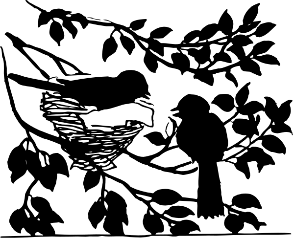 The black and white silhouette of a bird sitting on tree branches with leaves around it against an indistinct background.