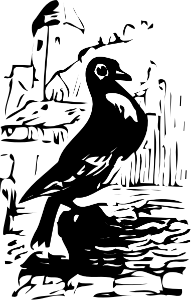 The black and white photo shows a bird flying over water with trees on either side of it.