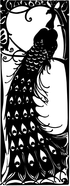 The black and white illustration features a peacock with its feathers spread out on top of what appears to be an open book lying flat in front of it.
