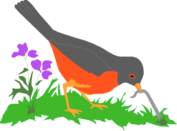 The image shows a cartoon bird with an orange beak perched on grass next to purple flowers; it is holding something in its mouth that resembles food for birds.