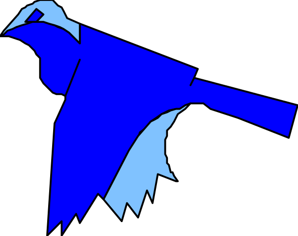 The image shows a blue bird with an outstretched wing flying over what appears to be a black silhouette of a landscape at nighttime.