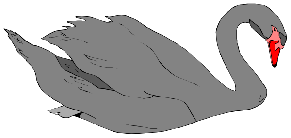 The black and white illustration shows a swan with its neck extended forward as if swimming through water; it is depicted in profile view against an indistinct background that does not provide any additional context about location, time of day, etc., focusing solely on the bird's action within this frame.
