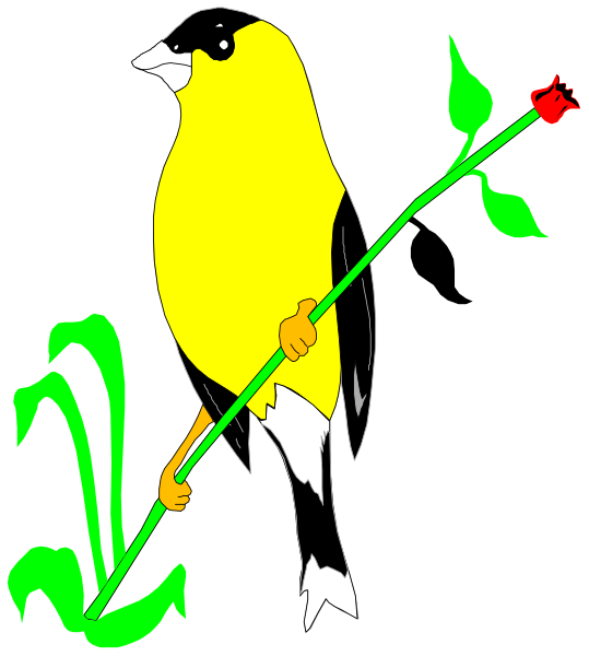 The illustration features a yellow bird holding a red rose with green leaves on its beak while standing next to a plant that has two long stems extending from it; there is no text present in this image, and all elements appear stationary without any actions taking place.