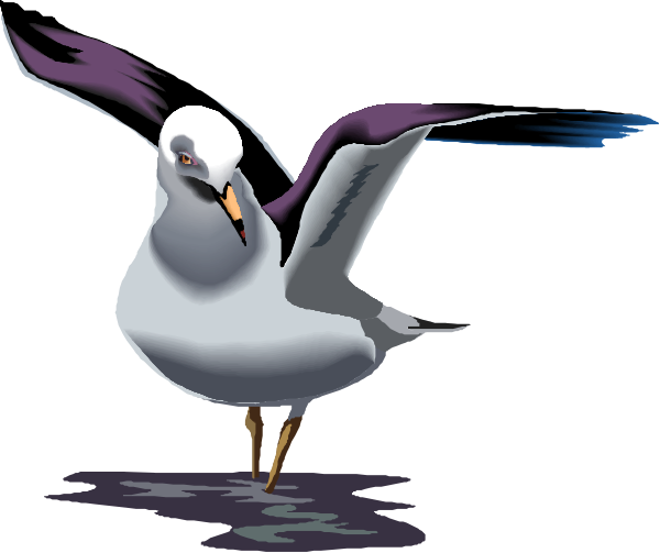 The image shows a cartoon seagull with purple wings flying over water at nighttime.