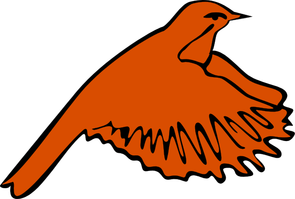 The image shows a red bird with its wings spread out against an orange background on the left side of the frame.