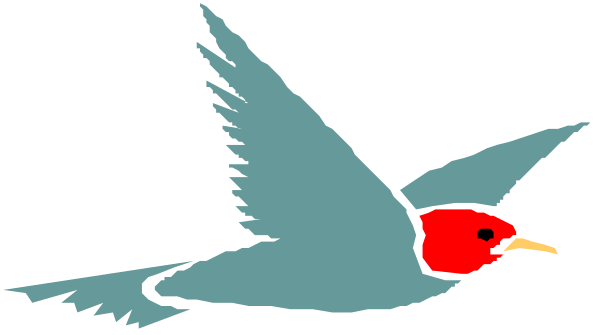 The image shows a cartoon bird with red feathers flying over water under an open sky background.