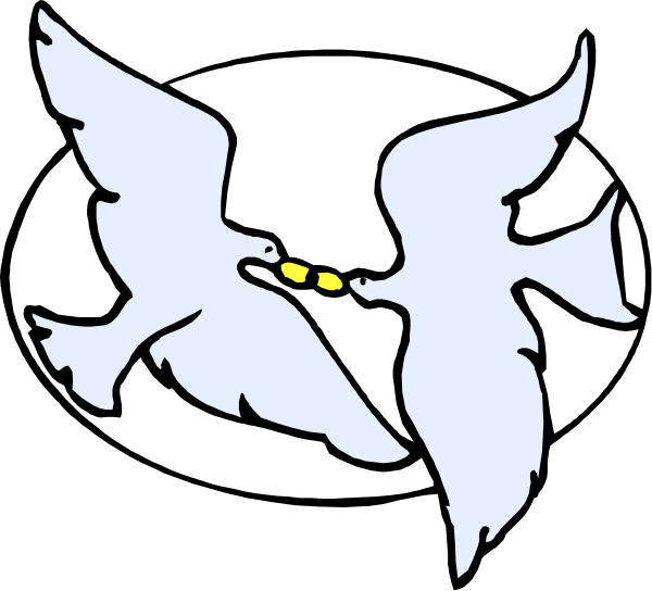The image shows a black and white illustration of two birds with wings spread out next to each other on what appears to be an emblem-like background featuring feathers around them; there is no text present in this clip-art piece.