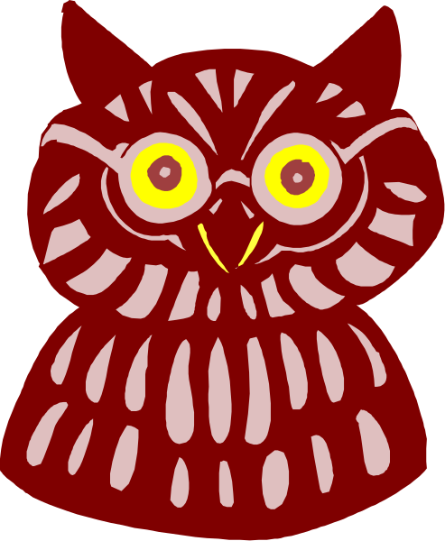 The image shows a cartoon owl with red feathers on its head against an orange background.