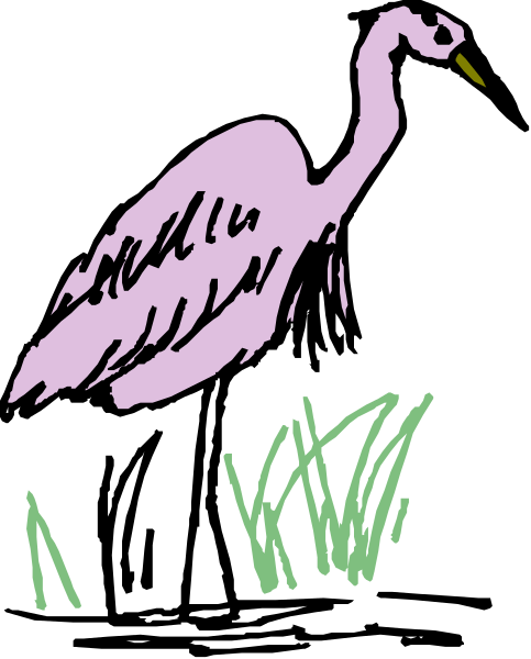 The black and white illustration shows a tall pink bird standing on green grass with its head turned to look at something off-frame in an outdoor environment.