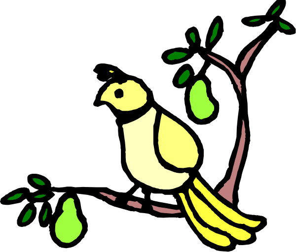 The image shows a cartoon of an apple tree with leaves on it, featuring two birds: a yellow bird perched in front of the apples and another one flying away from them.