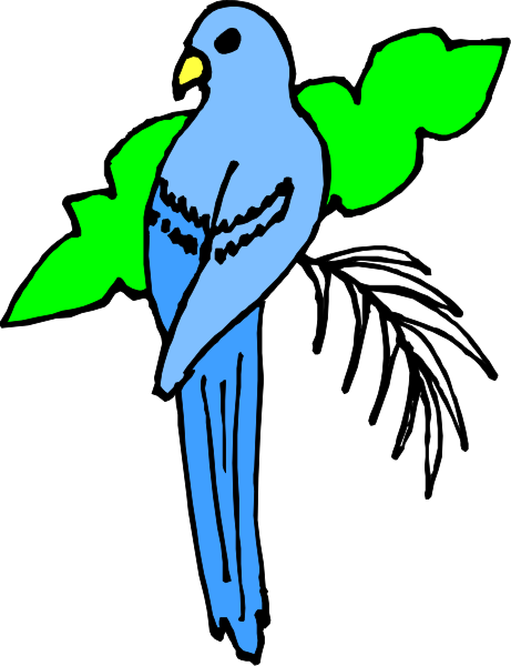 The image shows a blue parrot perched on top of its tail feathers with green leaves behind it against a black background.