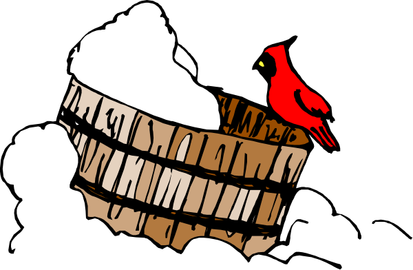 The cartoon depicts a red cardinal perched on top of an open barrel filled with snow that is placed inside another larger wooden barrel which appears to be floating in water.