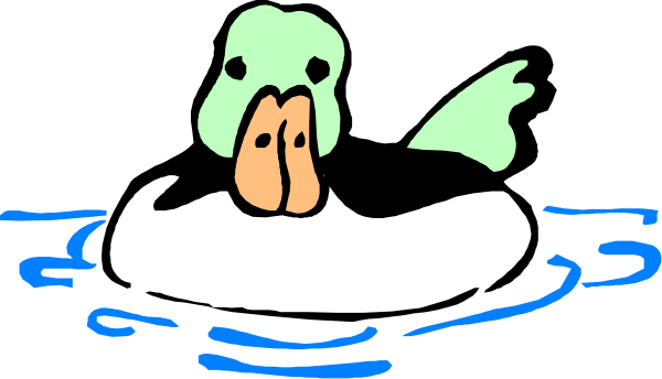 The image shows a cartoon of an orange duck swimming on water with ripples around it under what appears to be a bridge in a stylized outdoor scene.
