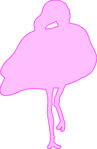The image shows a pink silhouette of an ostrich walking on what appears to be grass with its head down in front view.