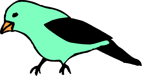 The image shows a cartoon bird with an exaggeratedly large beak flying to its right past another smaller bluebird that is also in flight but facing leftward; both birds appear against a black background.