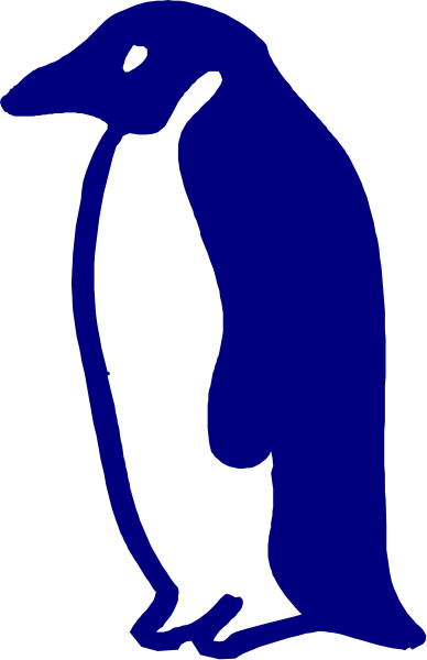 The image shows a penguin standing on its feet with flippers at sides against blue background inside black border lines.