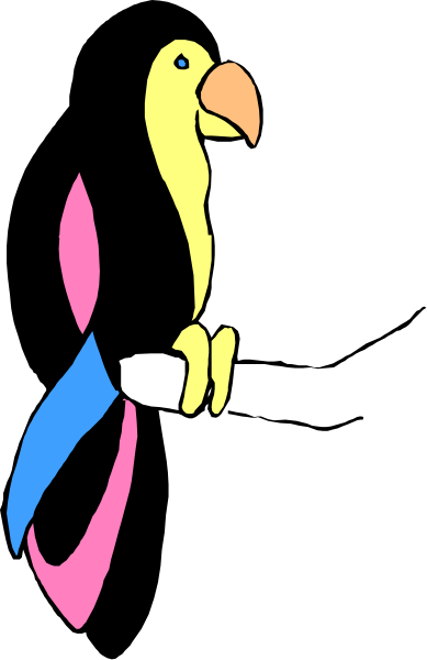 The image shows a colorful parrot with an open beak on its perch against a black background.