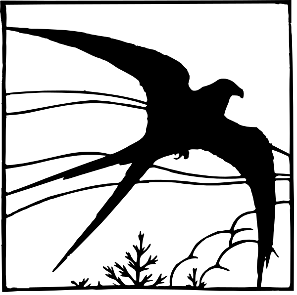 The black and white illustration shows a bird with outstretched wings flying over an open field under power lines against a clear sky background.
