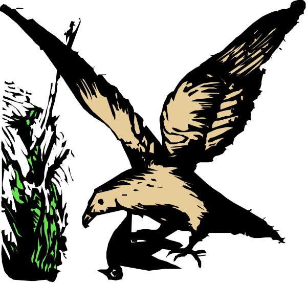 The black and white illustration features a bird with outstretched wings against an abstract background that includes what appears to be foliage on one side.