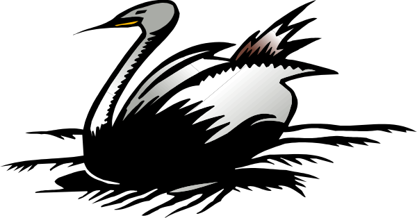 The black and white silhouette of a swan on water with its wings spread out.