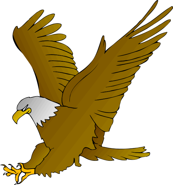 The image shows a cartoon eagle with its wings spread wide against an unseen background; it appears to be flying towards something on the ground that is partially obscured by the bird's wingtip.