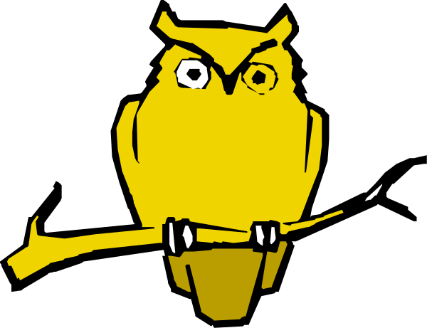 The image shows a black background with an owl logo on it that has yellow feathers and is holding what appears to be a microphone in its mouth.