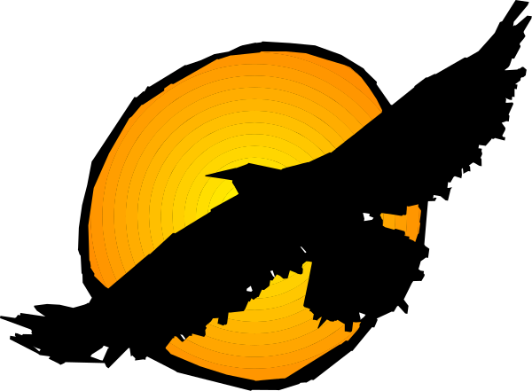 The image shows a sunset with an abstract design resembling a bird's silhouette on its right side against a dark sky background.