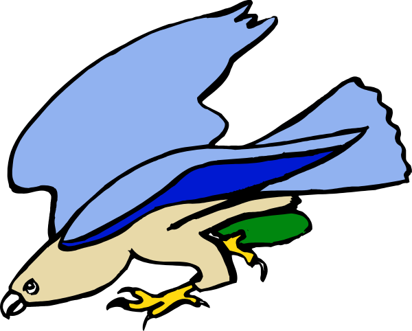 The image shows two birds flying side by side against a black background with white outlines; both have blue bodies and yellow beaks.