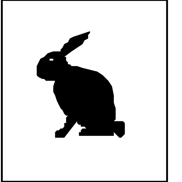 The image shows a black silhouette of an Easter bunny on top left corner with two white squares below it; one square has another smaller rabbit inside while the other is empty.