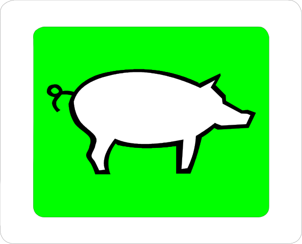 The image shows a green sign with an icon of a pig on it next to another square that has two white pigs facing each other in front of what appears to be a blue background.