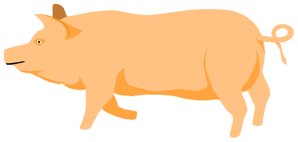 The image shows a cartoon of an orange pig with horns running on two legs to its right across what appears to be grassy terrain under clear skies.