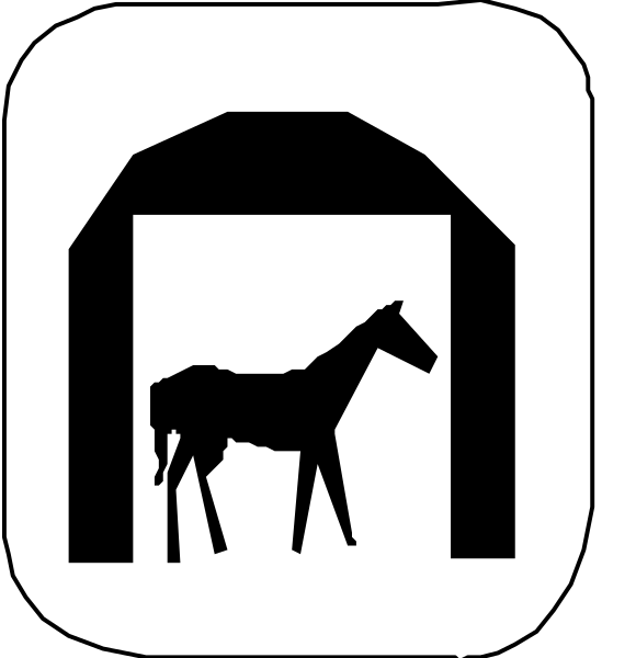 The images show a series of four different signs:
1) A sign with an icon depicting two horses standing under what appears to be a covered area like a carport or stable entrance; there is no text on this image.