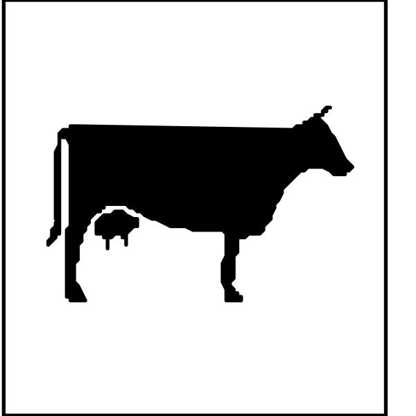 The black and white silhouette of a cow standing next to an icon representing milk production with another smaller animal underneath it.