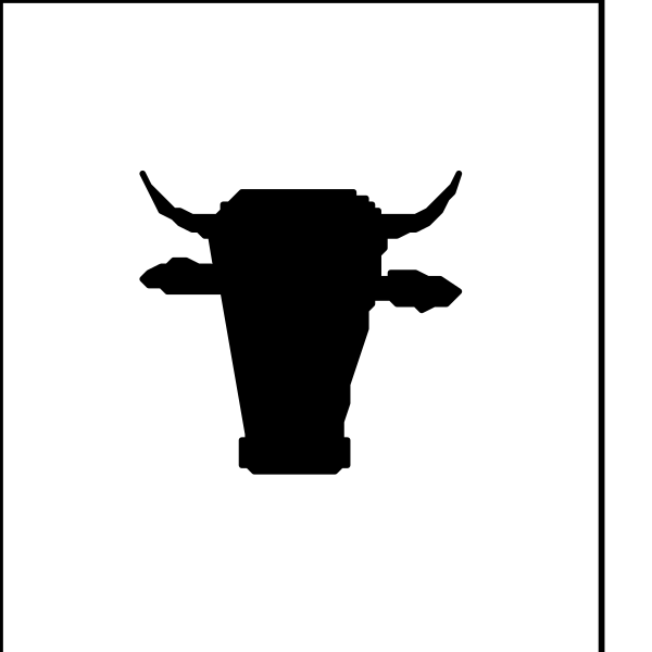 The image shows a black silhouette of an animal that resembles a cow with horns on its head inside two white squares against different background shades; one is darker than the other.