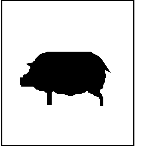The image shows a black silhouette of an animal that resembles a pig on top left corner with two white squares below it in bottom right corner forming a square shape around each other.