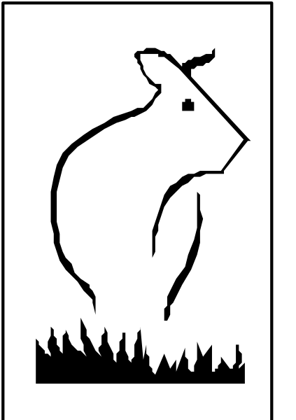 The image shows a black silhouette of an animal that resembles a rabbit standing on grass with its head turned to one side against a white background within what appears to be a square frame.