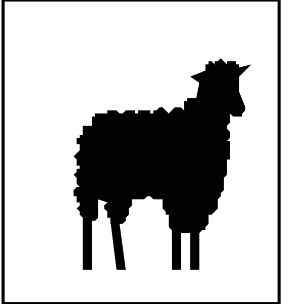 The black and white silhouette of a sheep standing next to an icon representing shearing with scissors on either side.