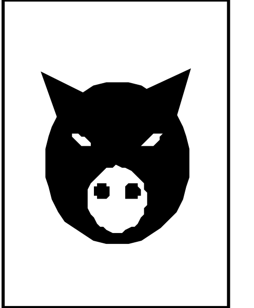 The image shows a black silhouette of an animal's head with two ears on either side, resembling that of a pig, set against a white background within what appears to be a playing card design.