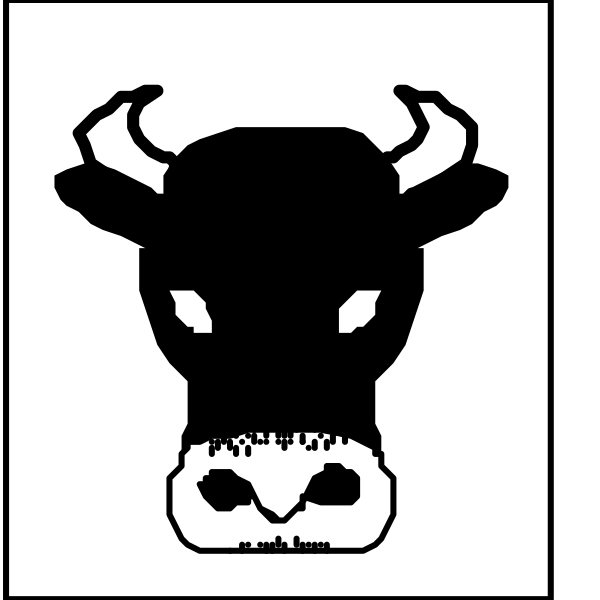 The image shows a black and white logo with two bull heads facing each other on either side of an icon that resembles a cow's head in profile view atop them; there is no text present, suggesting it might be related to branding for food or agriculture products featuring cattle imagery.