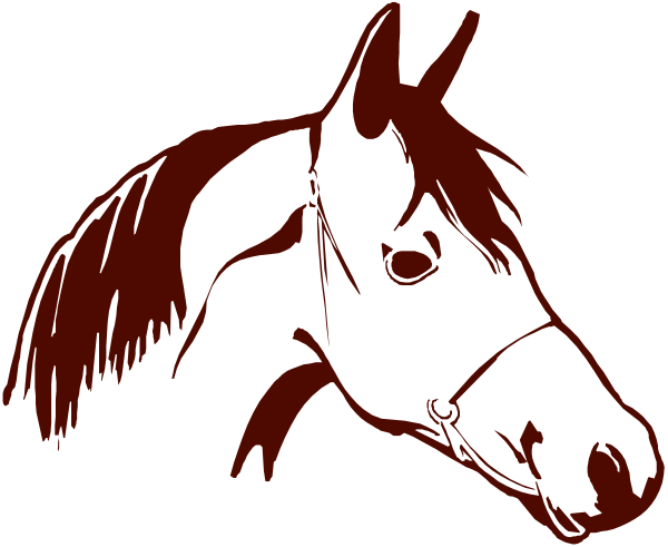 The black and white silhouette of a horse's head with its ears perked up against an unidentified background.
