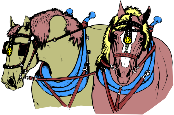 The image shows two horses with reins on their heads standing side by side against a dark background; there is no text present in this clip-art illustration.