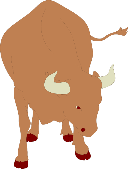 The image shows a cartoon of an orange cow with red horns standing on two legs against a black background.