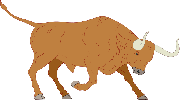 The image shows a cartoon of an orange bull with large horns running on all fours to its right across what appears to be black background.