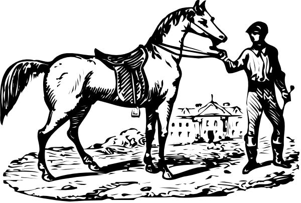 The black and white illustration depicts a horse standing next to two men who appear to be working on something near it; one man is holding what looks like an object with wheels while another stands nearby observing, possibly in a stable setting given their attire which suggests historical or traditional clothing styles associated with the 19th century. The image has no text and focuses solely on these three figures within this scene.