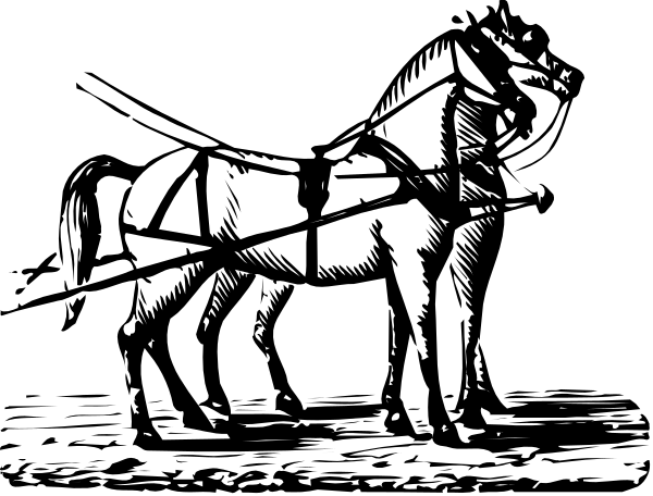 The black and white illustration shows a horse pulling an open carriage with two wheels on either side of it; there is no visible text in this image.