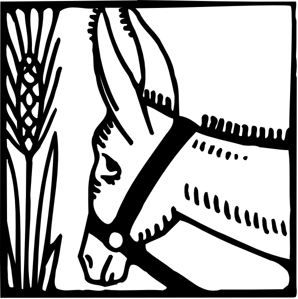 The black and white illustration shows a donkey pulling an old plow through wheat fields with two panels: on top left is a close-up of the head of the horse showing its ears perked up, while below right depicts it in full view as it pulls the plough across the field.