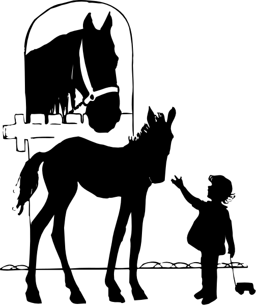 The black silhouette of a horse standing next to an open door with light coming from inside it.