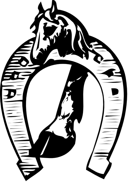 The black and white logo features a silhouette of an open book with pages that have text on them inside it; above this image is another smaller graphic depicting what appears to be a horse's head, also in profile view but facing leftward instead of right as seen from the front.